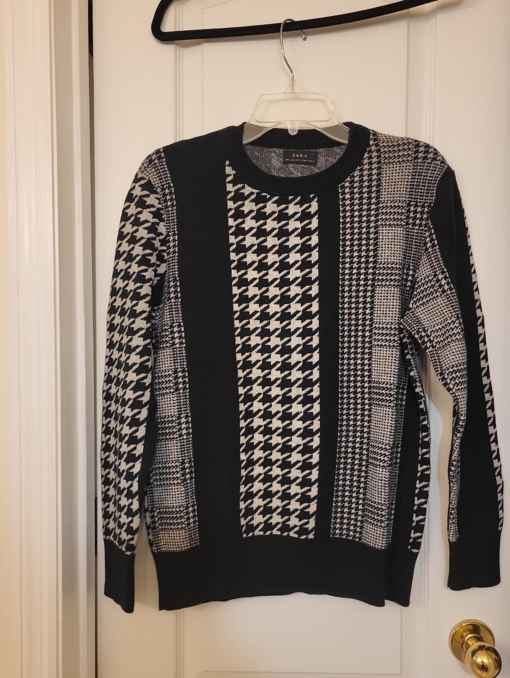ZARA Black & Grey Mixed Houndstooth Panel Crewneck Sweater